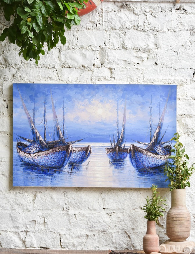 Ekaurr Still Waters painting with a tranquil water landscape in cool deep blue and reflective silver tones, handcrafted meditative landscape home decor for living rooms bedrooms and peaceful interior spaces