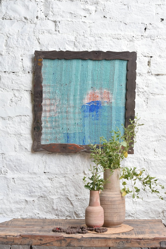 Ekaurr Stitch Square Kantha Wall Art handcrafted square kantha textile wall hanging with geometric stitch pattern composition in earthy layered fabric tones, artisan Indian textile art for living rooms and structured wall decor