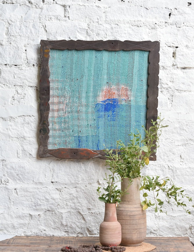 Ekaurr Stitch Square Kantha Wall Art handcrafted square kantha textile wall hanging with geometric stitch pattern composition in earthy layered fabric tones, artisan Indian textile art for living rooms and structured wall decor