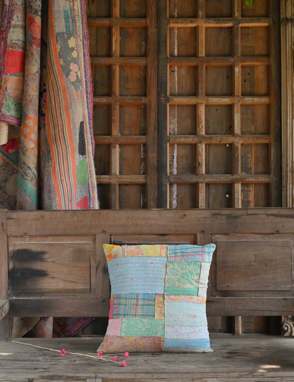 Ekaurr Stitched Stories Cushion Cover handcrafted 18x18 inch cushion cover with a narrative embroidered or kantha stitch folk design in earthy textile tones, artisan storytelling cushion for sofas and heritage-inspired home styling