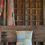 Ekaurr Stitched Stories Cushion Cover handcrafted 18x18 inch cushion cover with a narrative embroidered or kantha stitch folk design in earthy textile tones, artisan storytelling cushion for sofas and heritage-inspired home styling