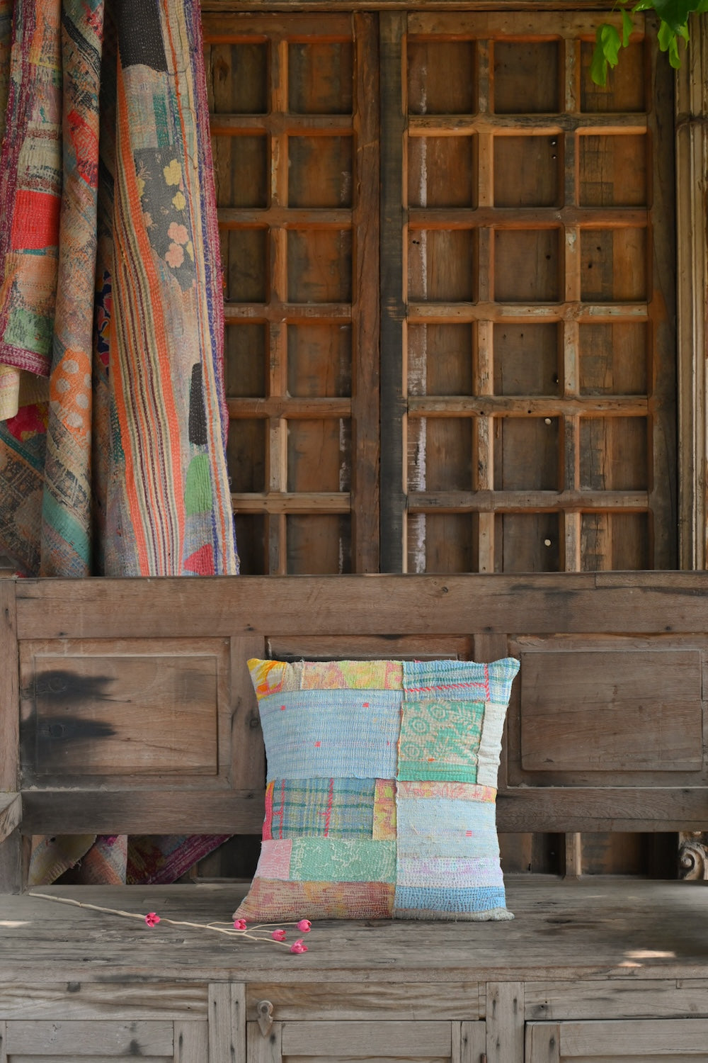 Ekaurr Stitched Stories Cushion Cover handcrafted 18x18 inch cushion cover with a narrative embroidered or kantha stitch folk design in earthy textile tones, artisan storytelling cushion for sofas and heritage-inspired home styling