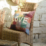 Ekaurr Stitched with Love Patchwork Cushion Cover handcrafted cushion cover in layered patchwork fabric panels stitched with folk embroidery, artisan upcycled textile gift cushion for sofas and meaningful home styling
