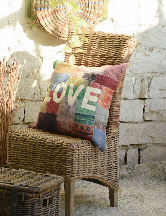 Ekaurr Stitched with Love Patchwork Cushion Cover handcrafted cushion cover in layered patchwork fabric panels stitched with folk embroidery, artisan upcycled textile gift cushion for sofas and meaningful home styling