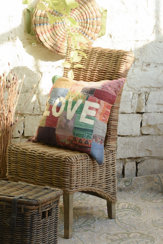 Ekaurr Stitched with Love Patchwork Cushion Cover handcrafted cushion cover in layered patchwork fabric panels stitched with folk embroidery, artisan upcycled textile gift cushion for sofas and meaningful home styling