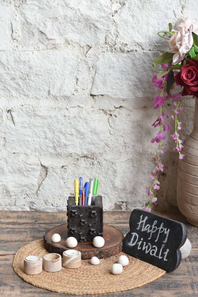 Ekaurr Stone Script Ensemble Gift Set curated artisan gift set of natural stone decorative pieces and a rustic wooden chalkboard or signboard with complimentary greeting card, sophisticated sustainable gifting for desks home styling and meaningful occasions