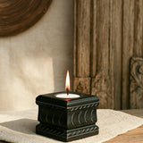 Ekaurr Stone Tea Light Holder hand-chiseled black stone pillar with intricate carved carvings, elegant natural stone tealight candle holder for indoor or outdoor use