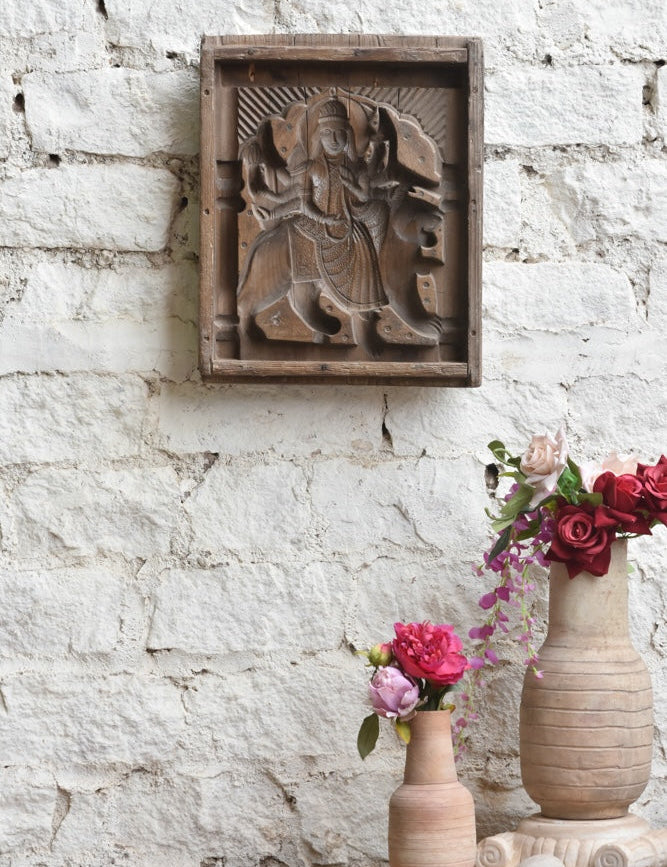 Ekaurr Strength Grace Durga Mould Decor hand-pressed cement or clay wall art of Goddess Durga in an abstract relief imprint form, artisan devotional home decor for walls altars and sacred living spaces