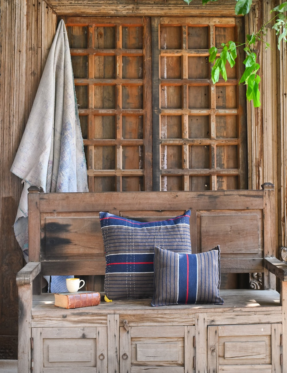 Ekaurr Striped Embroidery Cushion Cover in large size handcrafted with striped embroidered surface detailing in earthy or colourful tones, artisan textile accent for large sofas floor cushions and layered home styling