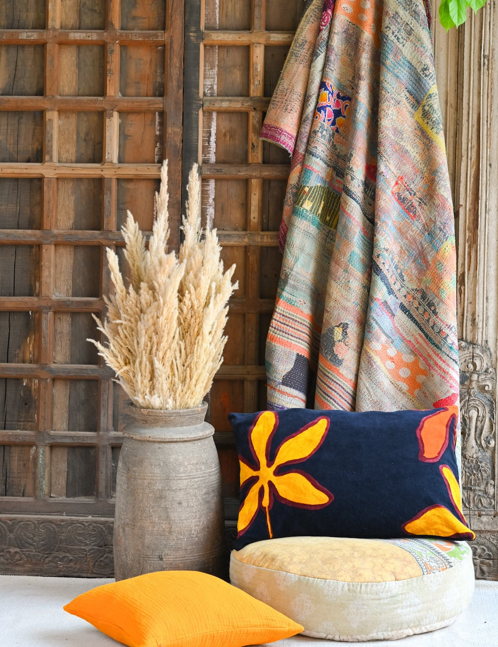 Ekaurr Sunlit Bloom Velvet Cushion Cover handcrafted 18x18 inch velvet cushion cover with a sunlit floral bloom motif in warm yellow and gold velvet tones, artisan luxury textile accent for sofas and warm home styling