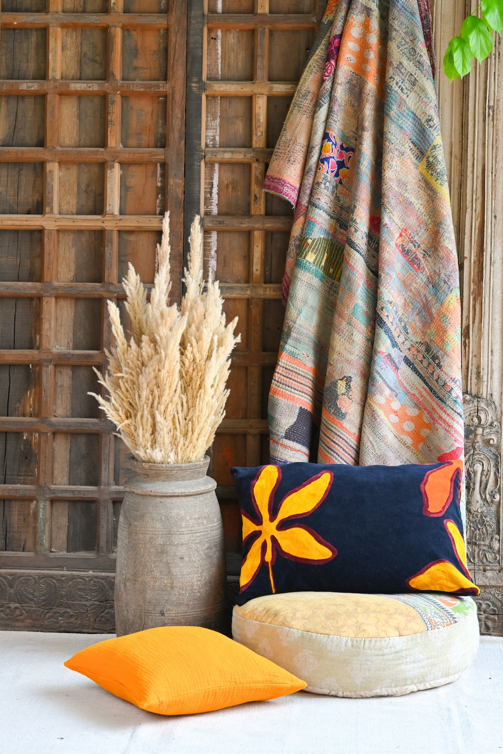 Ekaurr Sunlit Bloom Velvet Cushion Cover handcrafted 18x18 inch velvet cushion cover with a sunlit floral bloom motif in warm yellow and gold velvet tones, artisan luxury textile accent for sofas and warm home styling