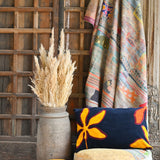 Ekaurr Sunlit Bloom Velvet Cushion Cover handcrafted 18x18 inch velvet cushion cover with a sunlit floral bloom motif in warm yellow and gold velvet tones, artisan luxury textile accent for sofas and warm home styling