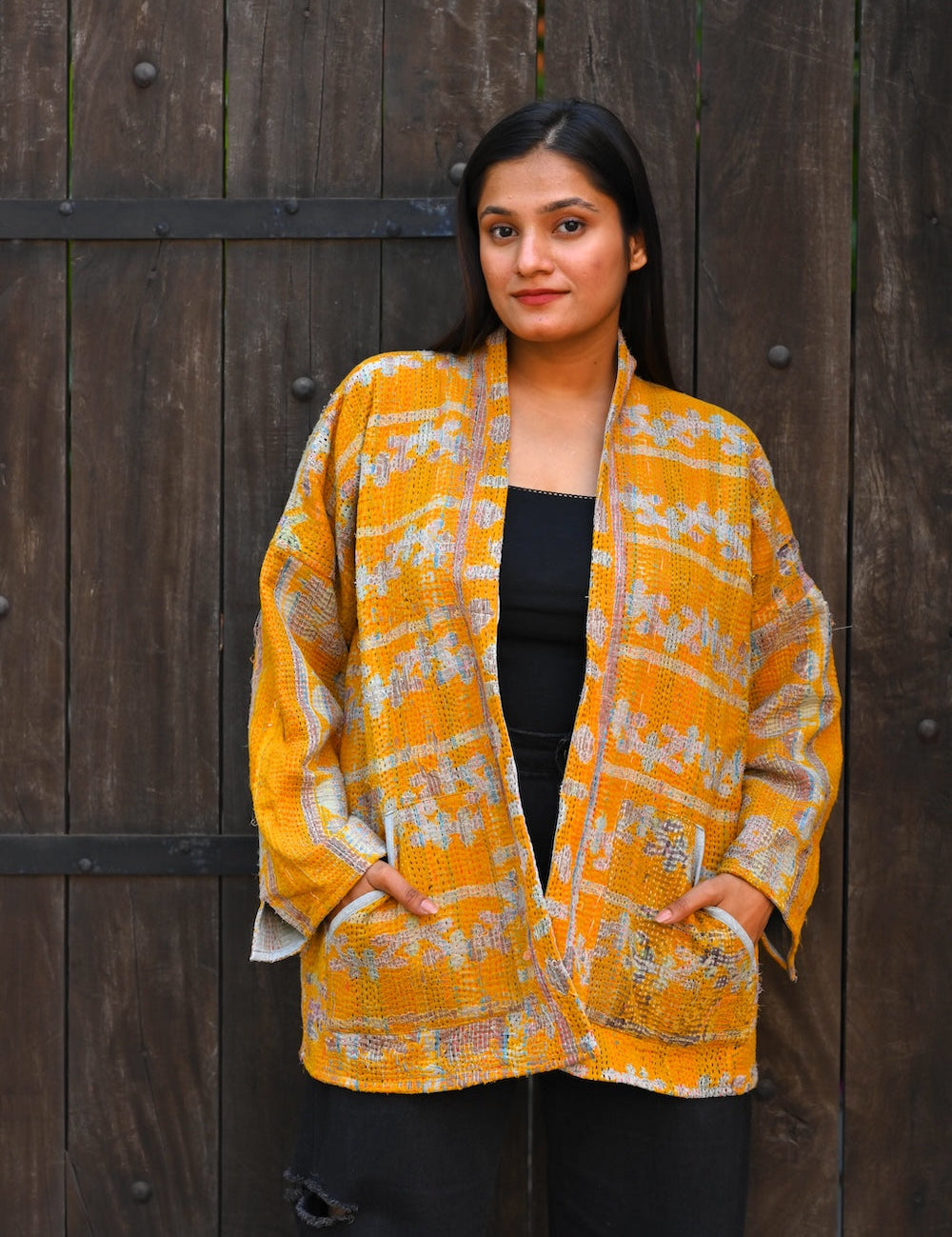 Ekaurr Sunlit Elegance Jacket handcrafted artisan jacket in warm golden or amber sunlit fabric with an elegant structured form, slow fashion statement outerwear for conscious women's styling and occasions