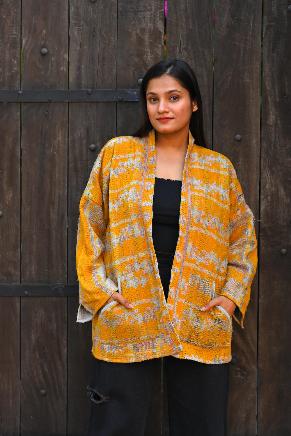 Ekaurr Sunlit Elegance Jacket handcrafted artisan jacket in warm golden or amber sunlit fabric with an elegant structured form, slow fashion statement outerwear for conscious women's styling and occasions