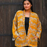 Ekaurr Sunlit Elegance Jacket handcrafted artisan jacket in warm golden or amber sunlit fabric with an elegant structured form, slow fashion statement outerwear for conscious women's styling and occasions