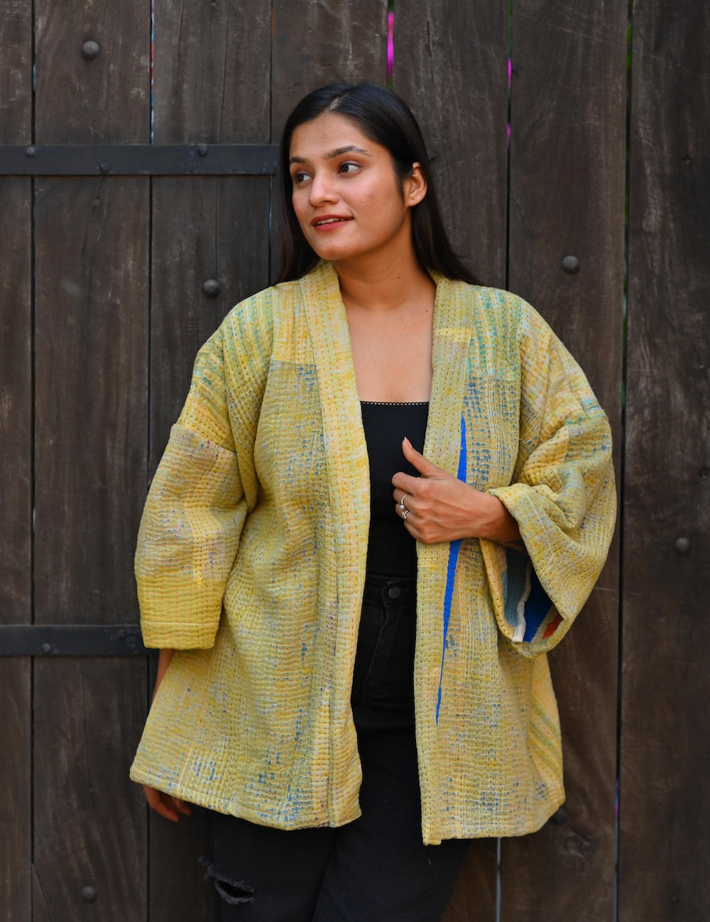 Ekaurr BIGDI Sunlit Kimono cotton open kimono in warm golden sunlit tones with an easy flowing drape, artisan slow fashion layering piece for women from the BIGDI Blazers Coats and Robes collection