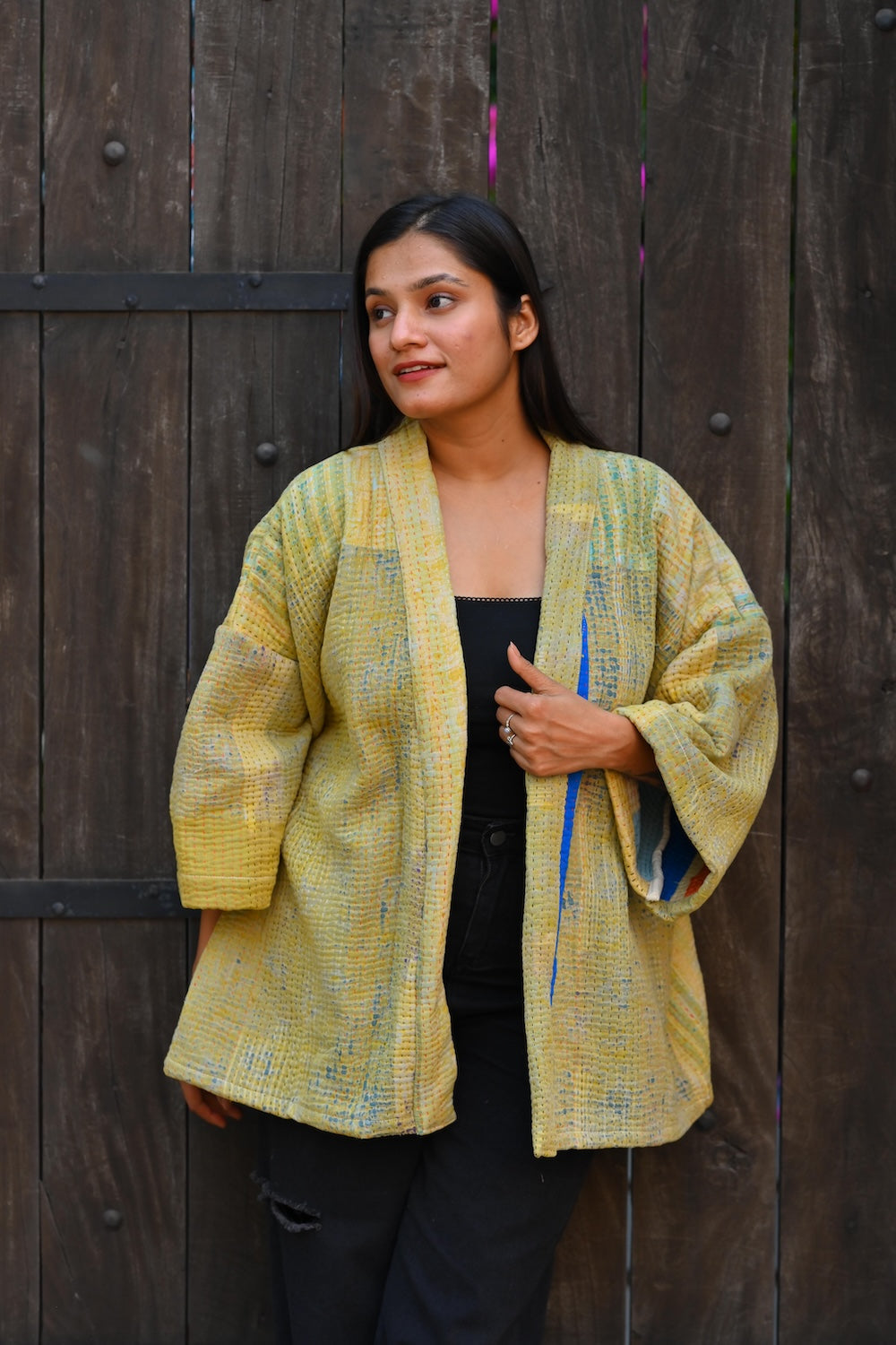 Ekaurr BIGDI Sunlit Kimono cotton open kimono in warm golden sunlit tones with an easy flowing drape, artisan slow fashion layering piece for women from the BIGDI Blazers Coats and Robes collection