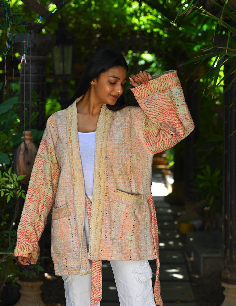 Ekaurr BIGDI Sunlit Weave Jacket handcrafted cotton jacket with a warm sunlit woven textile surface in golden earthy tones, artisan slow fashion outerwear for women from the BIGDI Blazers Coats and Robes collection