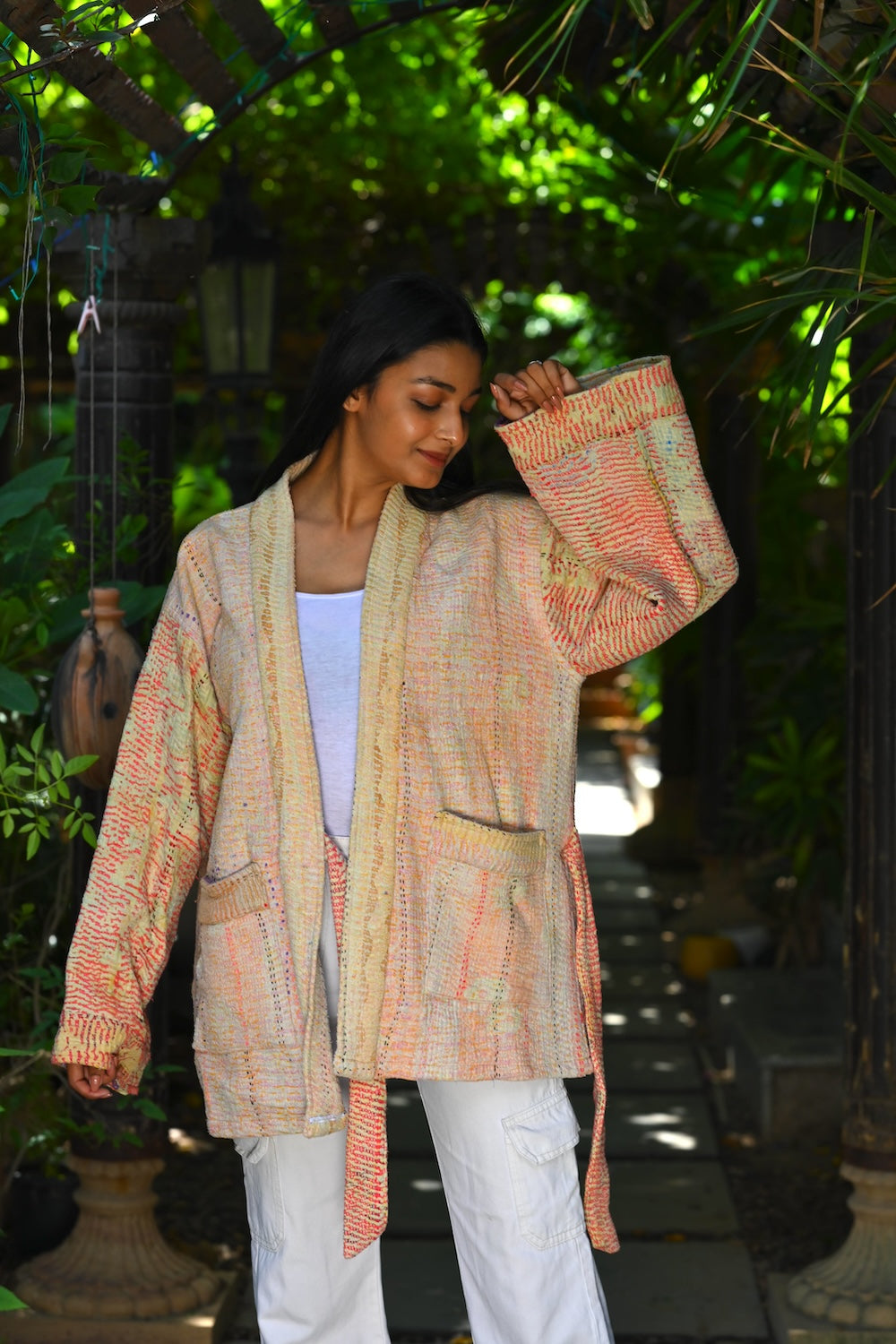 Ekaurr BIGDI Sunlit Weave Jacket handcrafted cotton jacket with a warm sunlit woven textile surface in golden earthy tones, artisan slow fashion outerwear for women from the BIGDI Blazers Coats and Robes collection