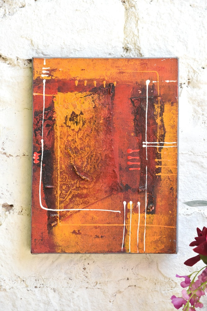 Ekaurr Sunset Script original abstract painting with warm sunset-toned layered strokes and gestural mark-making in amber gold and terracotta, handcrafted canvas art for living rooms and contemporary home interiors