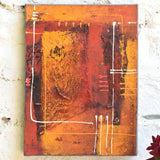 Ekaurr Sunset Script original abstract painting with warm sunset-toned layered strokes and gestural mark-making in amber gold and terracotta, handcrafted canvas art for living rooms and contemporary home interiors