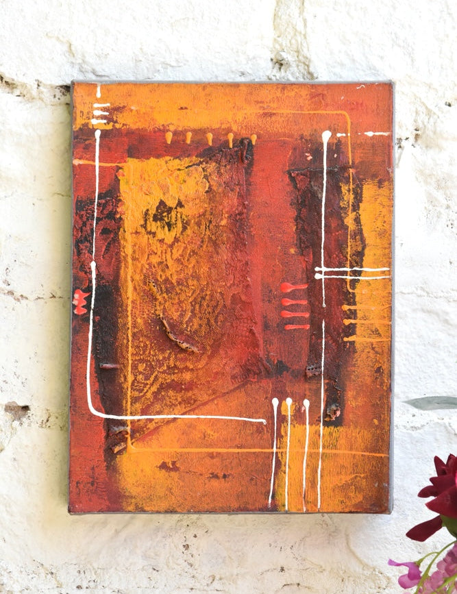 Ekaurr Sunset Script original abstract painting with warm sunset-toned layered strokes and gestural mark-making in amber gold and terracotta, handcrafted canvas art for living rooms and contemporary home interiors