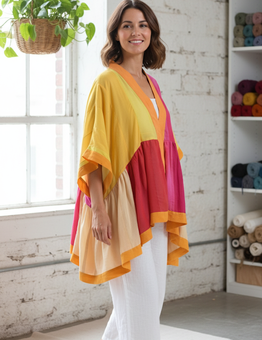 Ekaurr BIGDI Sunslice Robe cotton quilted reversible open robe with a warm sliced sunlight print in golden tones, artisan slow fashion layering piece for women from the BIGDI Blazers Coats and Robes collection