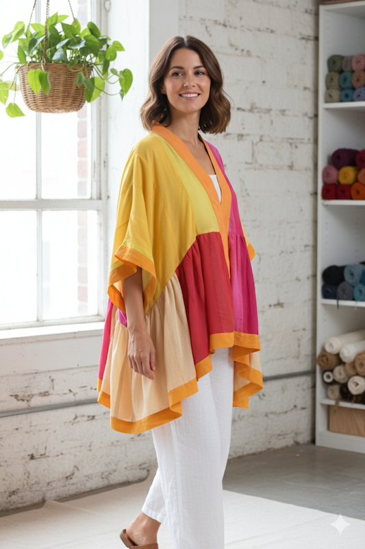 Ekaurr BIGDI Sunslice Robe cotton quilted reversible open robe with a warm sliced sunlight print in golden tones, artisan slow fashion layering piece for women from the BIGDI Blazers Coats and Robes collection