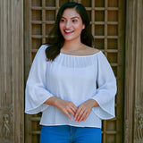 Ekaurr BIGDI Swanfall Cotton Top finest cotton summer top with an elegant swan-inspired falling drape in soft pastel tones, artisan slow fashion top for women from the BIGDI summer pastel collection