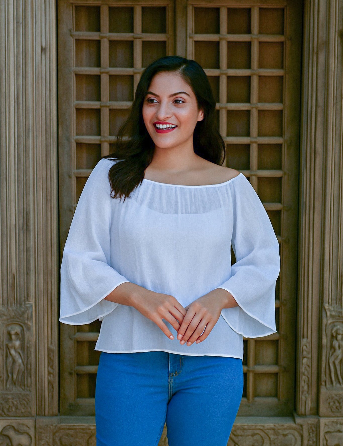 Ekaurr BIGDI Swanfall Cotton Top finest cotton summer top with an elegant swan-inspired falling drape in soft pastel tones, artisan slow fashion top for women from the BIGDI summer pastel collection