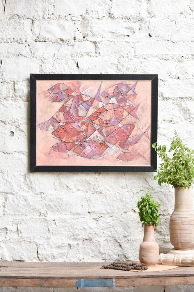 Ekaurr Swarm in Silence abstract painting of a school of fish in rose coral and violet with textured brushwork and geometric overlay at 35x26 inches, handcrafted canvas art for living rooms and ocean-inspired home interiors