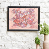 Ekaurr Swarm in Silence abstract painting of a school of fish in rose coral and violet with textured brushwork and geometric overlay at 35x26 inches, handcrafted canvas art for living rooms and ocean-inspired home interiors