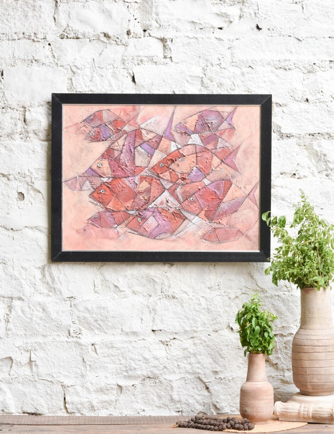Ekaurr Swarm in Silence abstract painting of a school of fish in rose coral and violet with textured brushwork and geometric overlay at 35x26 inches, handcrafted canvas art for living rooms and ocean-inspired home interiors