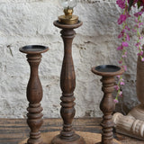 Ekaurr Tall Glow Trio gift set of 3 vintage wooden candle holders in small, medium and large sizes with aged finish, dramatic centerpiece for dining or gifting
