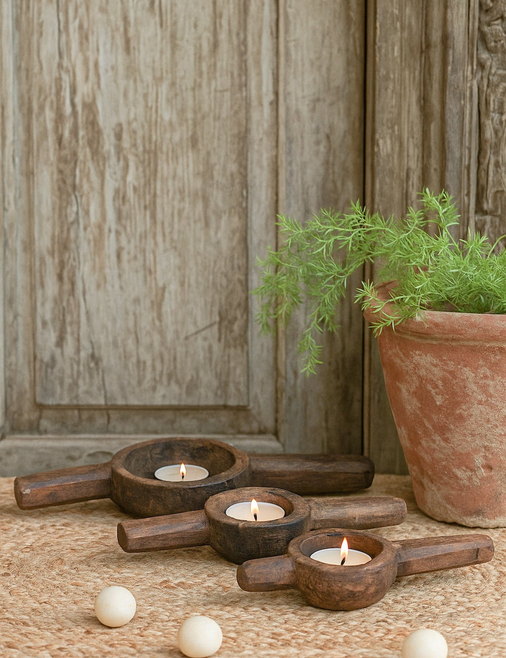 Ekaurr Tea Light Holders in Brown Finish set of 3 handcrafted reclaimed wood tea light holders in warm brown natural finish, rustic artisan candle holder trio for tables shelves and home styling