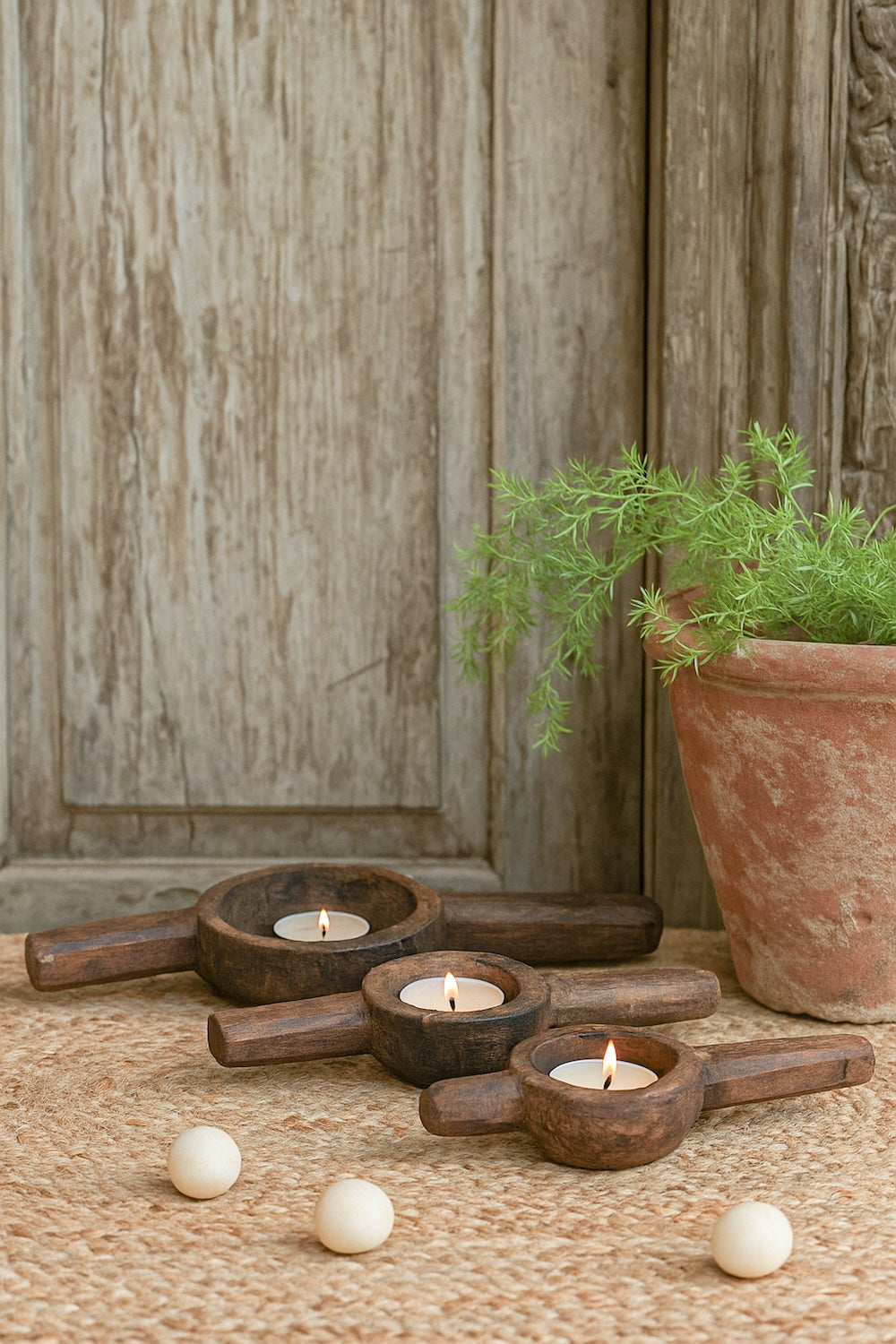 Ekaurr Tea Light Holders in Brown Finish set of 3 handcrafted reclaimed wood tea light holders in warm brown natural finish, rustic artisan candle holder trio for tables shelves and home styling