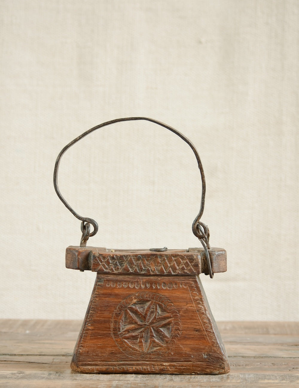 Ekaurr Teliya in Natural Finish vintage Indian oil lamp carrier repurposed as a sculptural home decor accent with natural earthy wood and metal finish, heritage found object for shelves and curated interiors