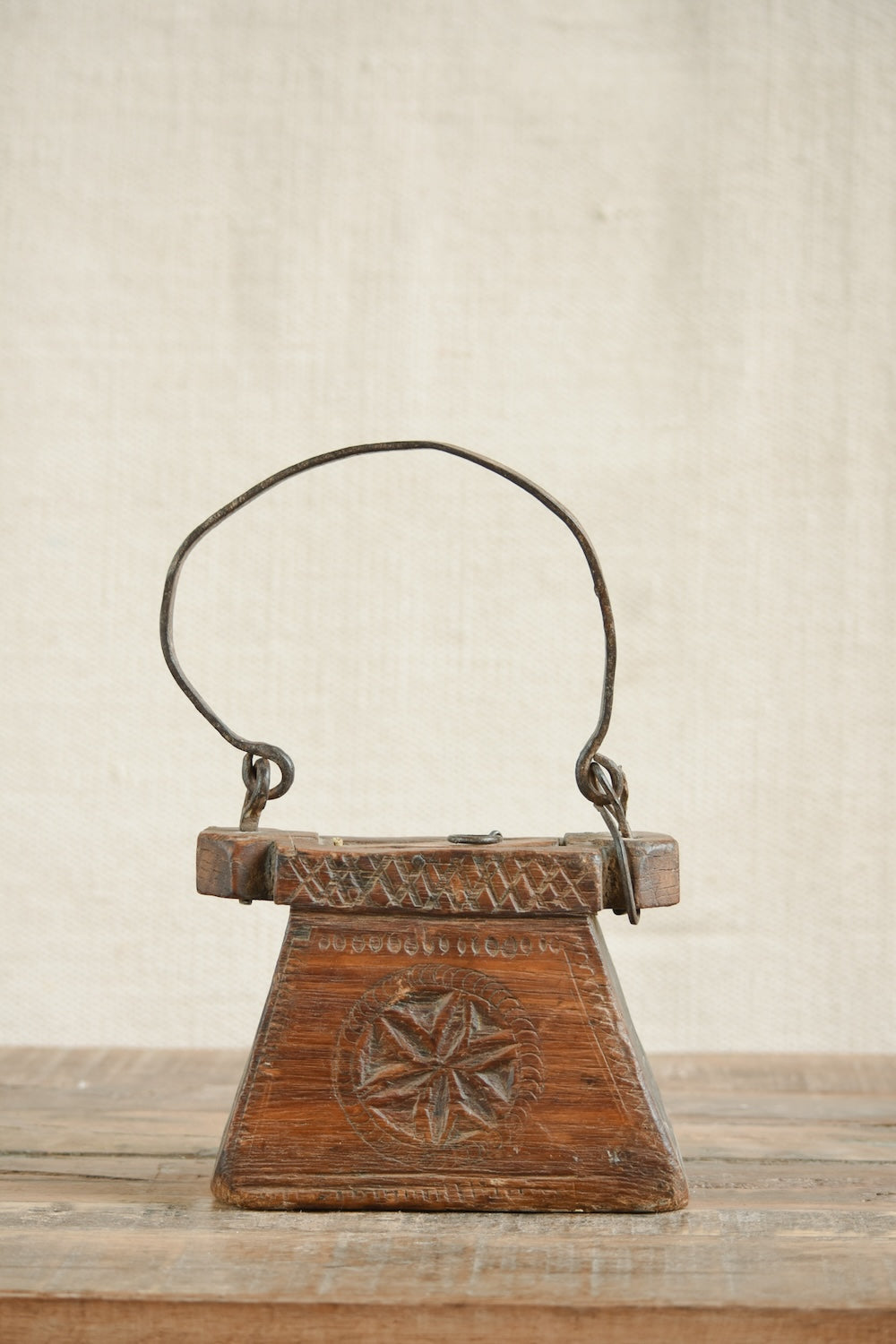 Ekaurr Teliya in Natural Finish vintage Indian oil lamp carrier repurposed as a sculptural home decor accent with natural earthy wood and metal finish, heritage found object for shelves and curated interiors