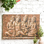 Ekaurr Temple Nymphs wall art depicting graceful apsara-like celestial figures in a classical Indian temple art style with warm gold and terracotta tones, handcrafted spiritual home decor for living rooms and curated interiors