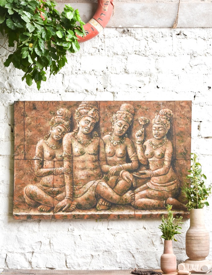 Ekaurr Temple Nymphs wall art depicting graceful apsara-like celestial figures in a classical Indian temple art style with warm gold and terracotta tones, handcrafted spiritual home decor for living rooms and curated interiors