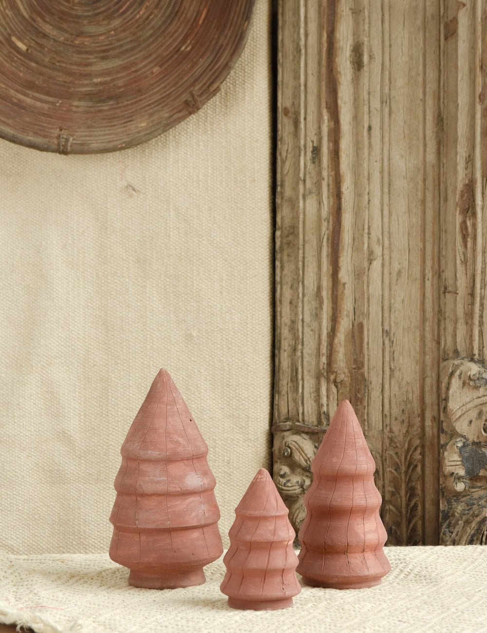 Ekaurr Set of 3 Terracotta Christmas Tree handcrafted natural clay tree figurines in three graduating sizes, rustic earthy festive decor for shelves mantels and seasonal gifting