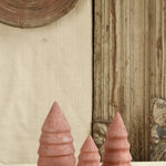 Ekaurr Set of 3 Terracotta Christmas Tree handcrafted natural clay tree figurines in three graduating sizes, rustic earthy festive decor for shelves mantels and seasonal gifting