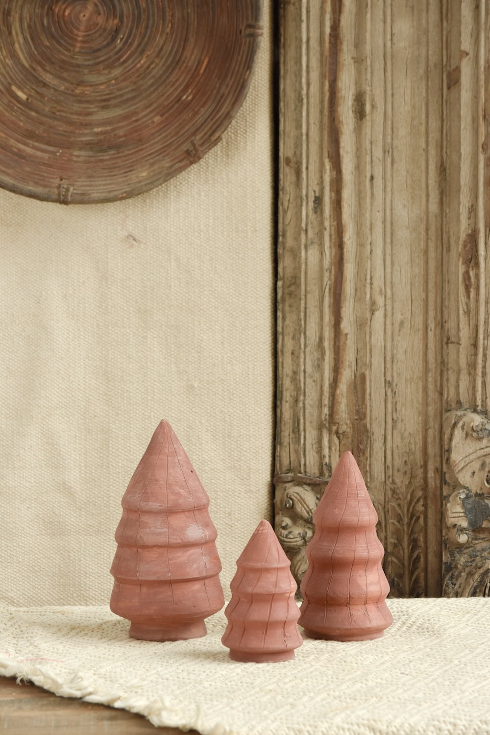 Ekaurr Set of 3 Terracotta Christmas Tree handcrafted natural clay tree figurines in three graduating sizes, rustic earthy festive decor for shelves mantels and seasonal gifting