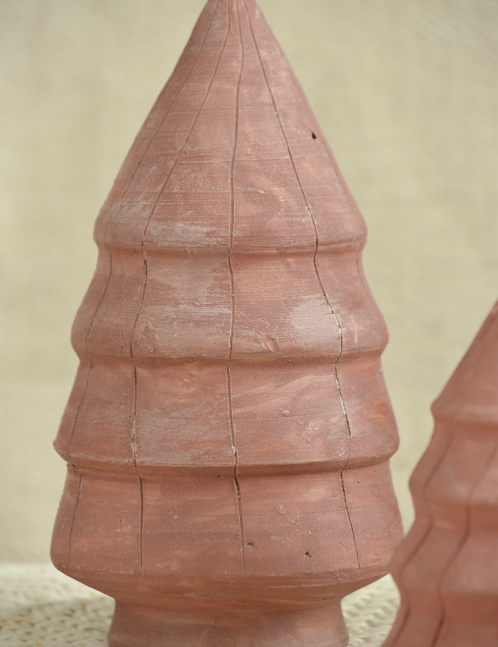 Ekaurr Set of 3 Terracotta Christmas Tree handcrafted natural clay tree figurines in three graduating sizes, rustic earthy festive decor for shelves mantels and seasonal gifting