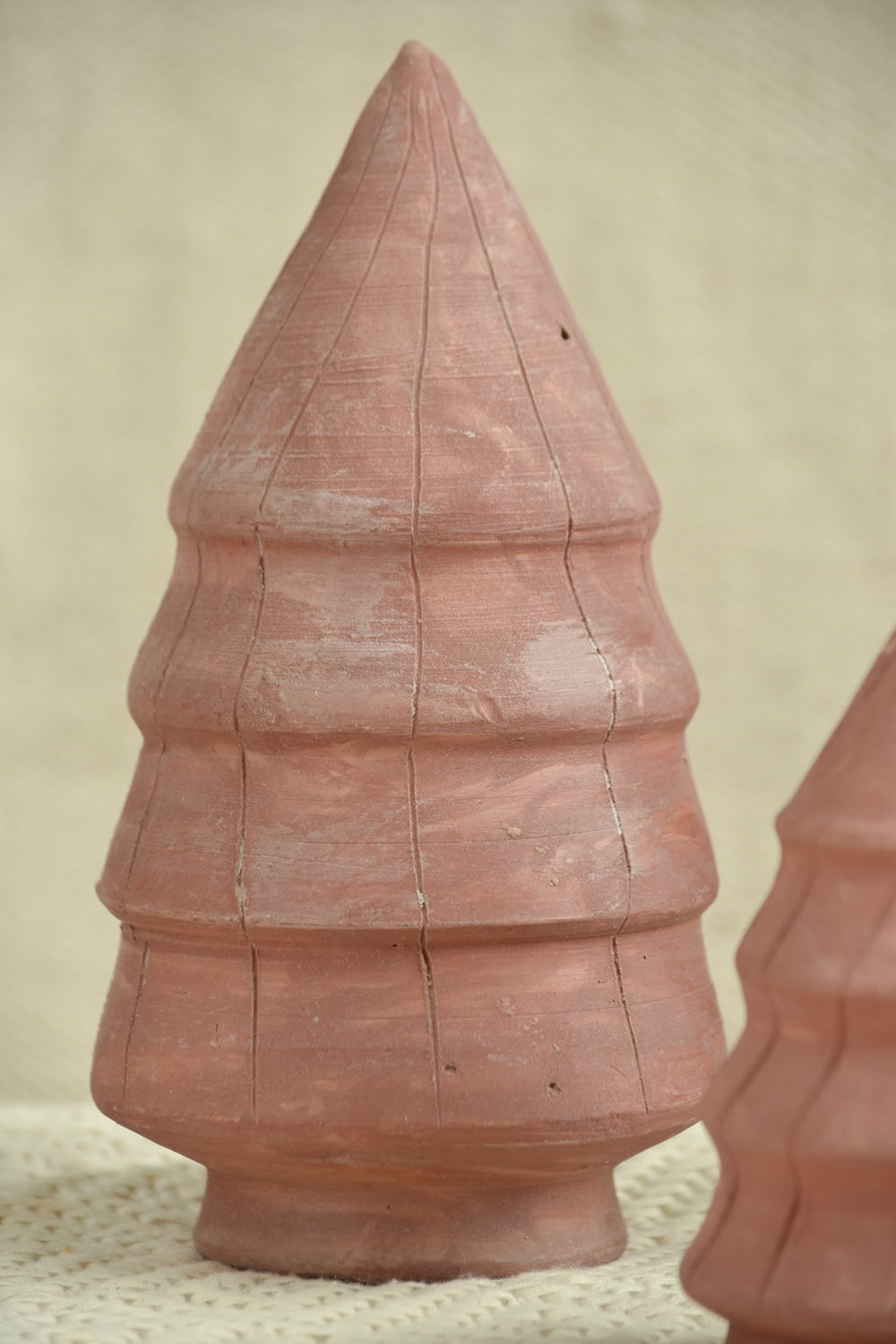 Ekaurr Set of 3 Terracotta Christmas Tree handcrafted natural clay tree figurines in three graduating sizes, rustic earthy festive decor for shelves mantels and seasonal gifting