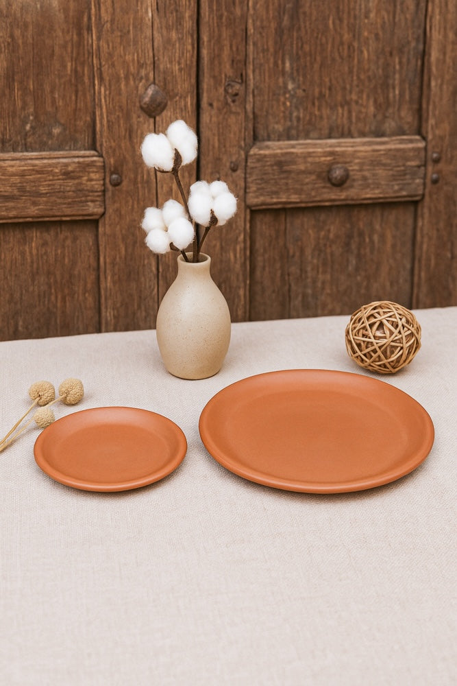 Ekaurr Terracotta Decorative Plate set of 2 handmade natural clay plates with decorative surface detailing crafted by rural Indian artisans, earthy artisan kitchen and table decor for conscious home dining and display