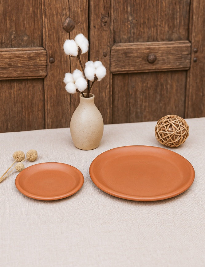 Ekaurr Terracotta Decorative Plate set of 2 handmade natural clay plates with decorative surface detailing crafted by rural Indian artisans, earthy artisan kitchen and table decor for conscious home dining and display
