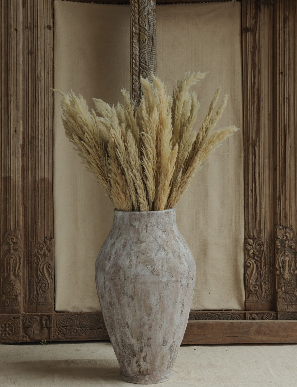 Ekaurr Terracotta Gigantic Urn in Distressed Grey Finish handmade large centerpiece planter with vintage patina by Indian artisans