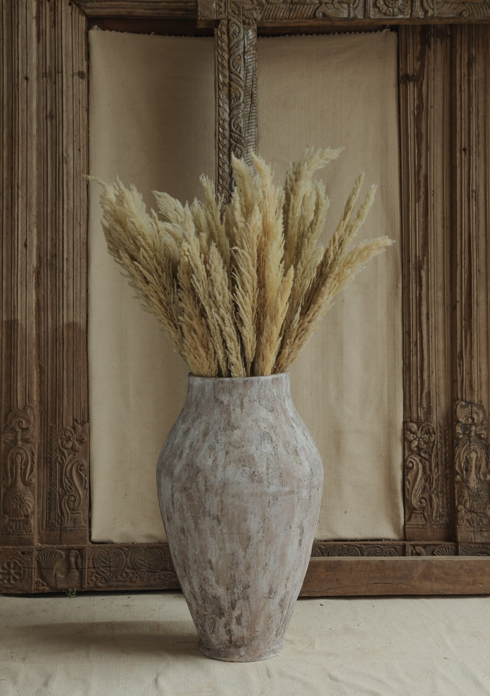 Ekaurr Terracotta Gigantic Urn in Distressed Grey Finish handmade large centerpiece planter with vintage patina by Indian artisans