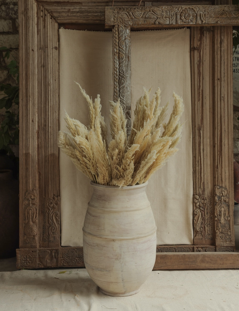 Ekaurr Terracotta Gigantic Urn in Stone Finish Large handmade by Indian artisans whitewashed stone finish vintage centerpiece planter